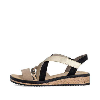 Rieker V3663-92 Shell, Beige, Light Gold & Black Combi F Fit Slingback Sandals