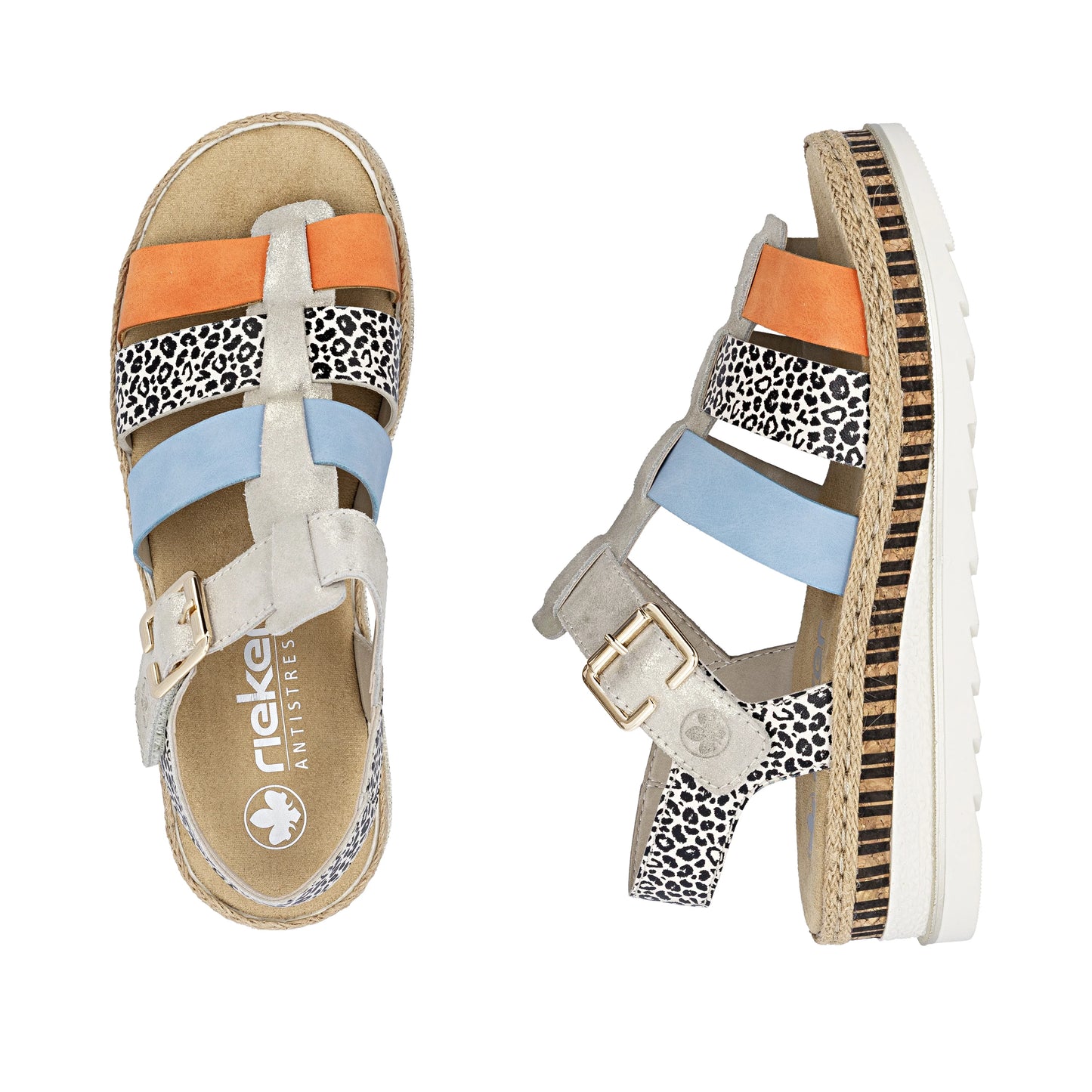 Rieker V7904-90 Nude, Leopard, Orange & Blue E 1/2 Fit Sandals with Slingback Strap