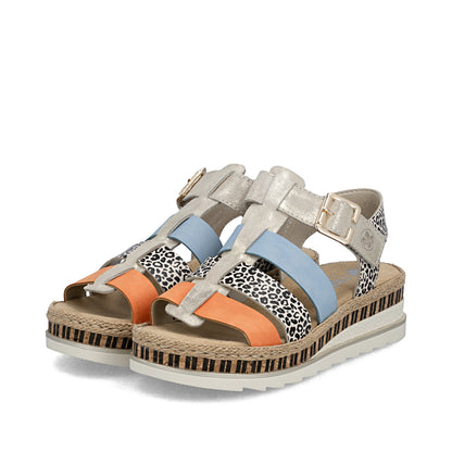Rieker V7904-90 Nude, Leopard, Orange & Blue E 1/2 Fit Sandals with Slingback Strap