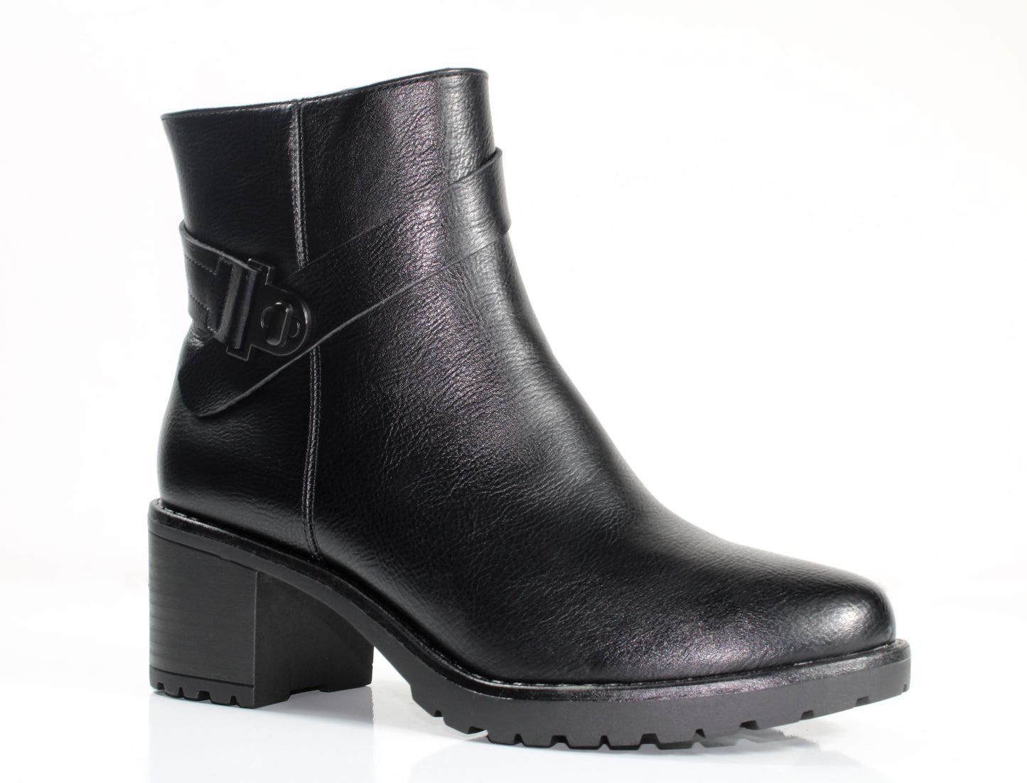 Susst VIRGINIA25 Black PU Block Heel Strap & Buckle Tall Ankle Boots