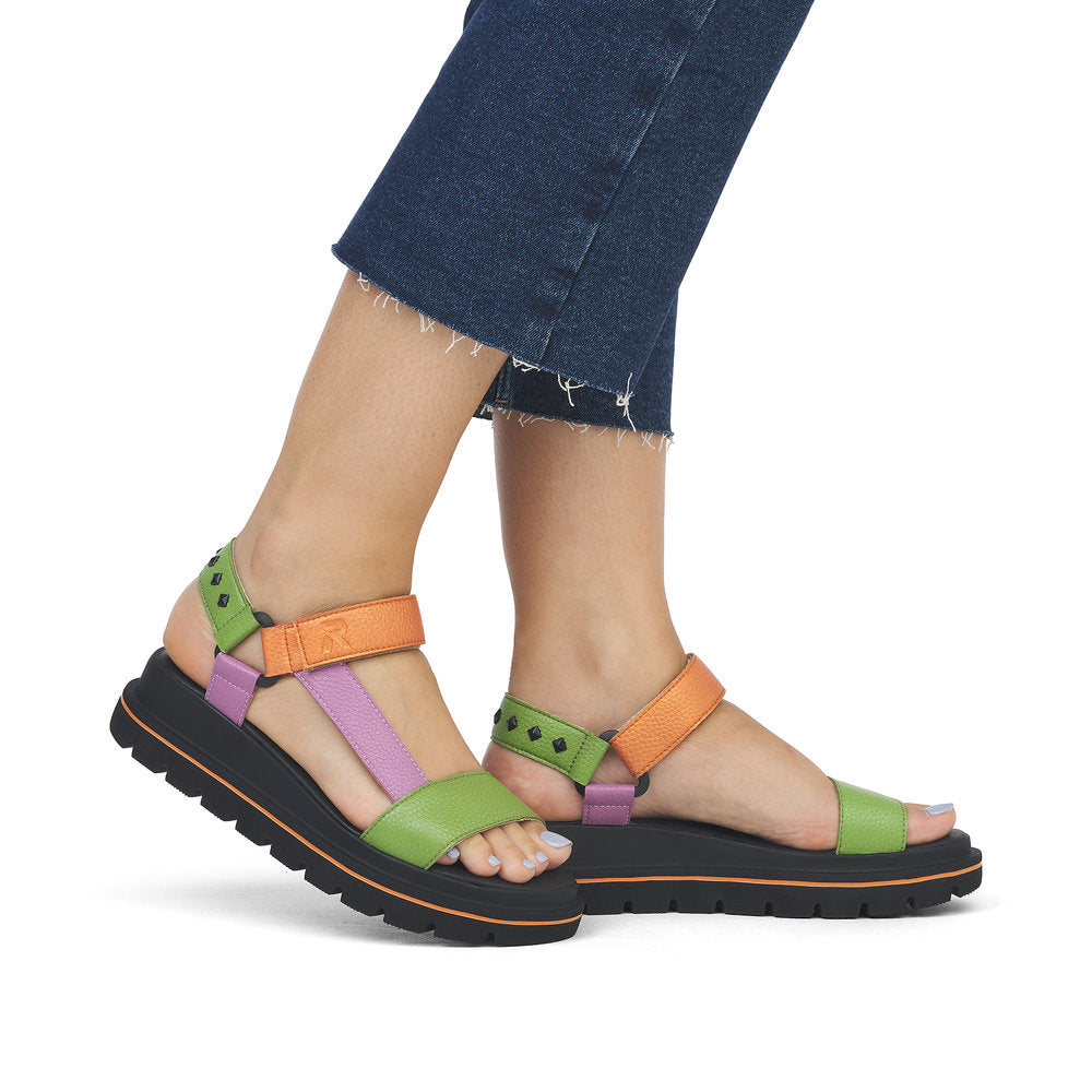 Rieker Evolution W1651 90 Green Orange Pink Multi Velcro Sandals The Shoe Parlour