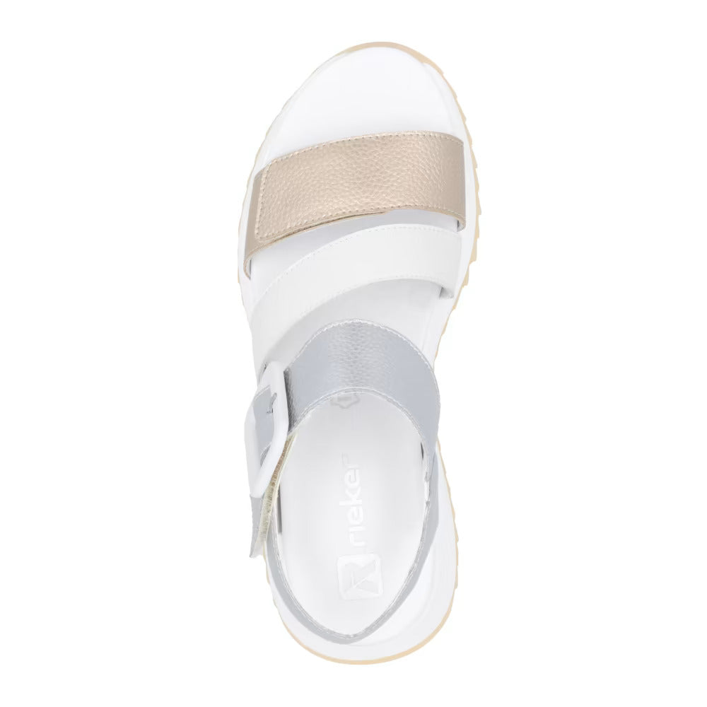 Rieker Evolution W2950-90 Gold, White & Silver Velcro Sandals with Slingback Strap