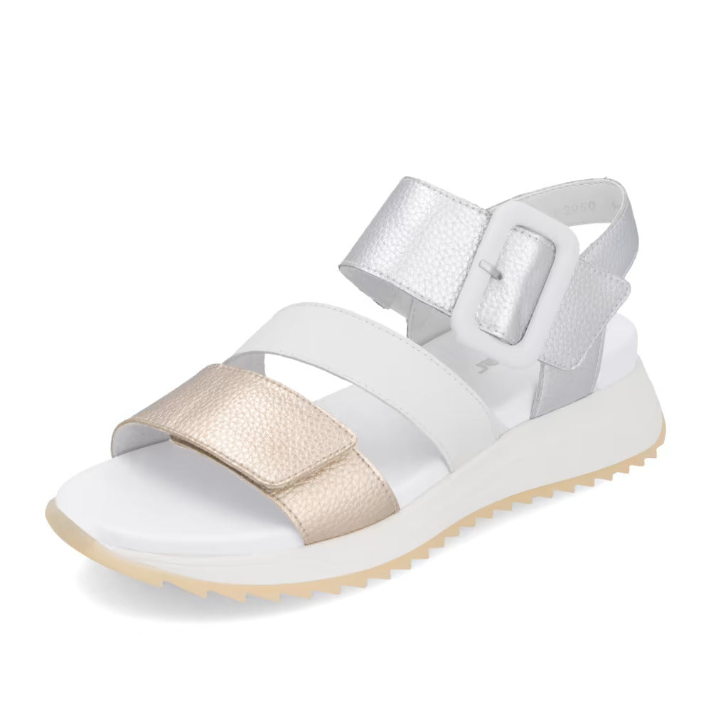 Rieker Evolution W2950-90 Gold, White & Silver Velcro Sandals with Slingback Strap