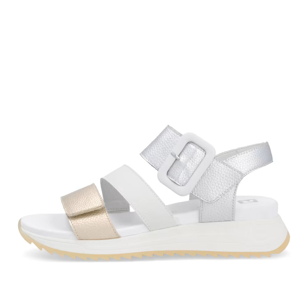 Rieker Evolution W2950-90 Gold, White & Silver Velcro Sandals with Slingback Strap