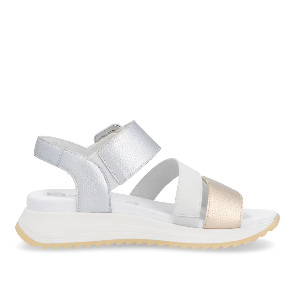 Rieker Evolution W2950-90 Gold, White & Silver Velcro Sandals with Slingback Strap
