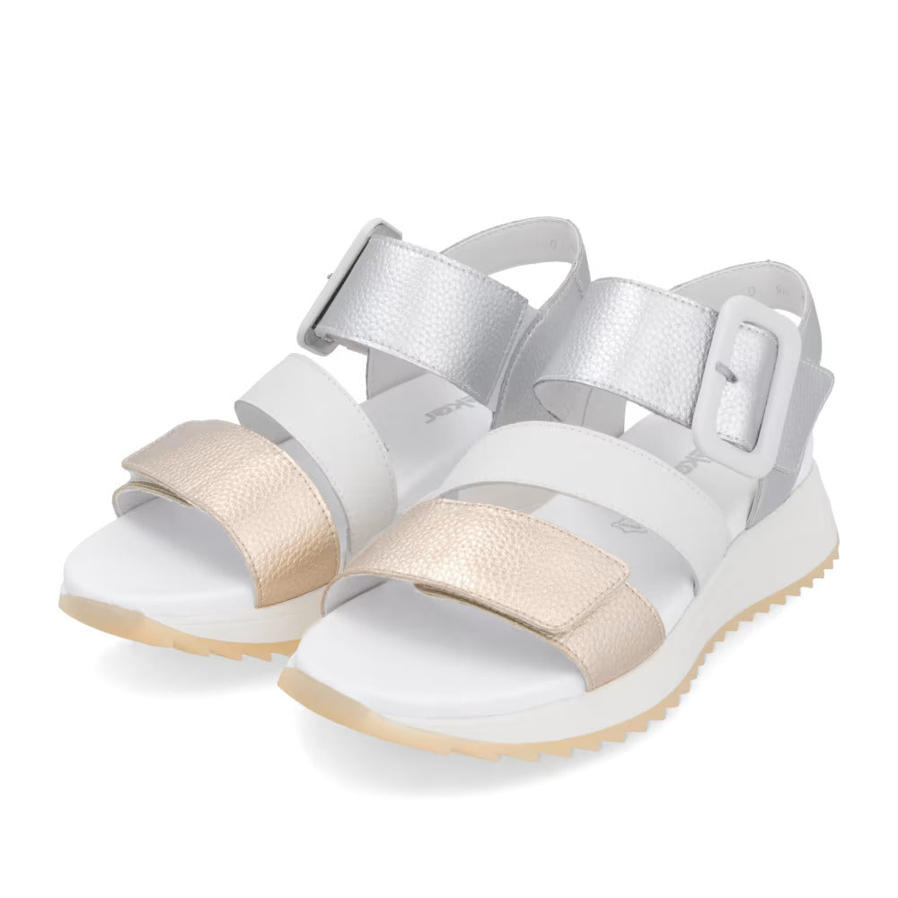 Rieker Evolution W2950-90 Gold, White & Silver Velcro Sandals with Slingback Strap