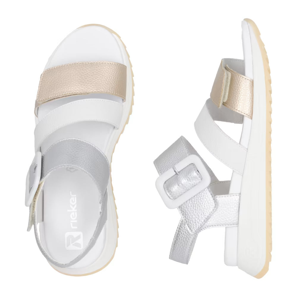 Rieker Evolution W2950-90 Gold, White & Silver Velcro Sandals with Slingback Strap