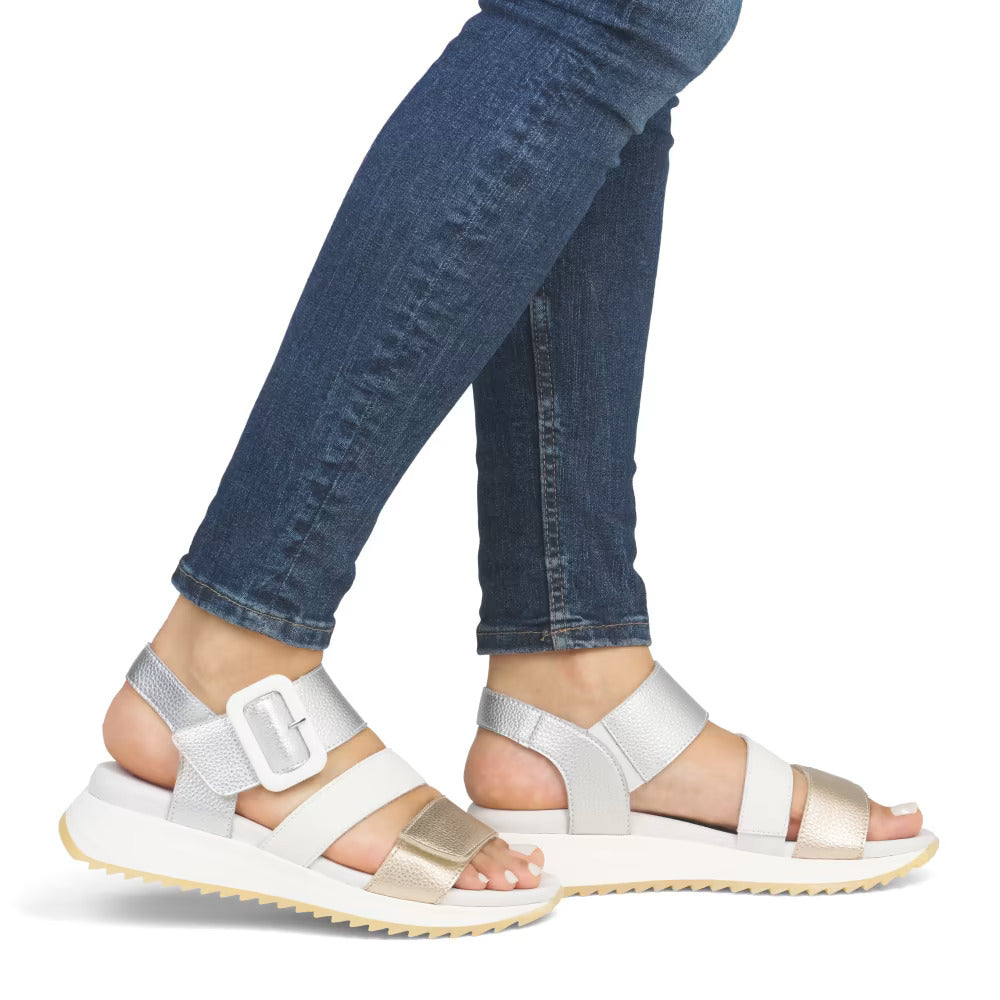 Rieker Evolution W2950-90 Gold, White & Silver Velcro Sandals with Slingback Strap