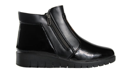 P Comfort WW1672 Black Patent PU Twin Zip Ankle Boots