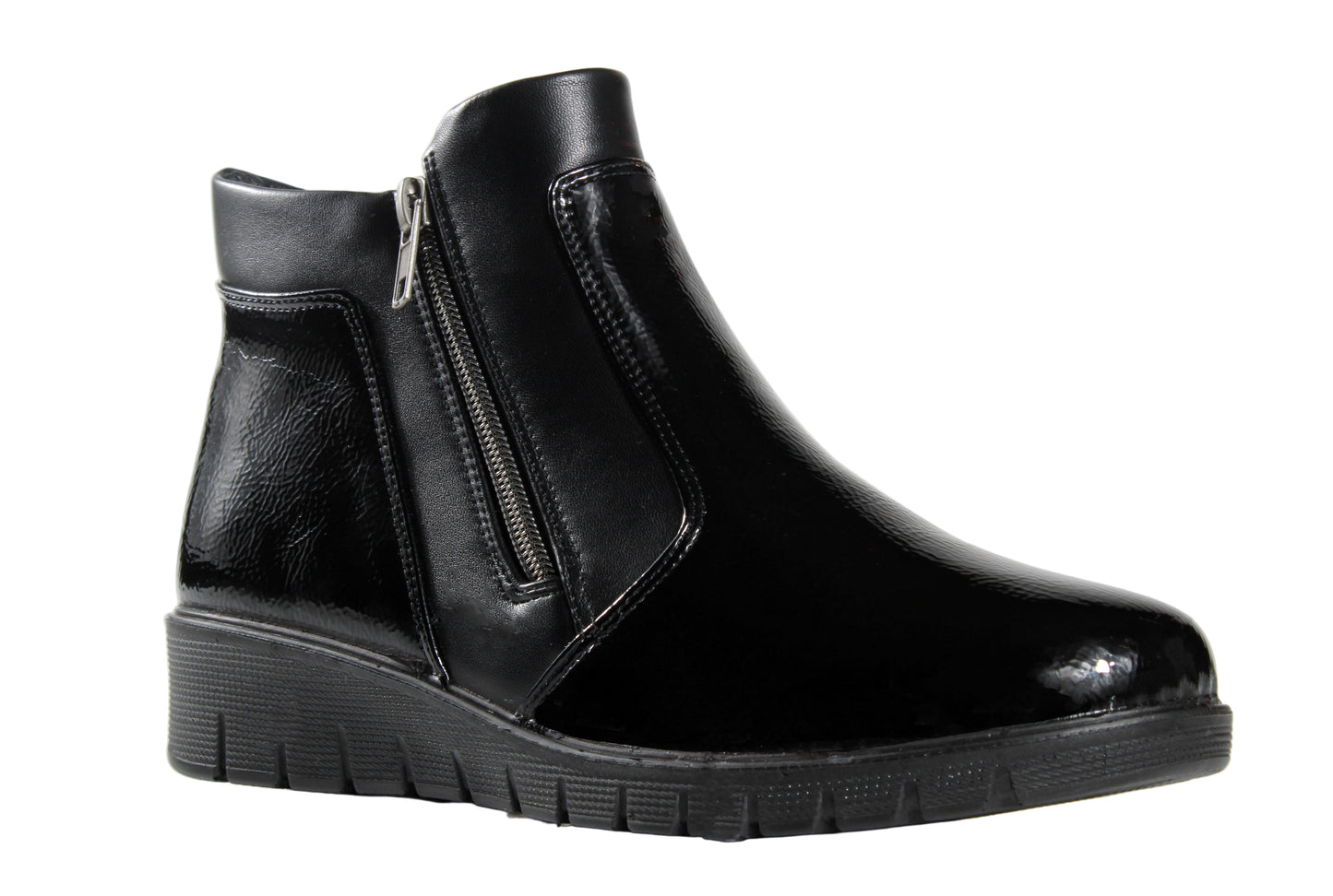 P Comfort WW1672 Black Patent PU Twin Zip Ankle Boots
