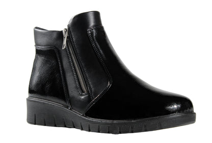 P Comfort WW1672 Black Patent PU Twin Zip Ankle Boots