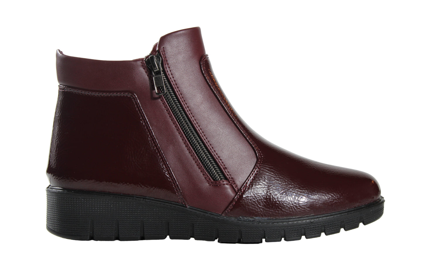 P Comfort WW1672 Burgundy Patent PU Twin Zip Ankle Boots