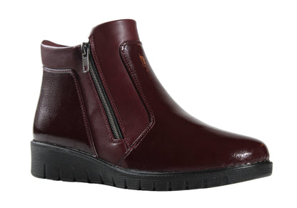 P Comfort WW1672 Burgundy Patent PU Twin Zip Ankle Boots