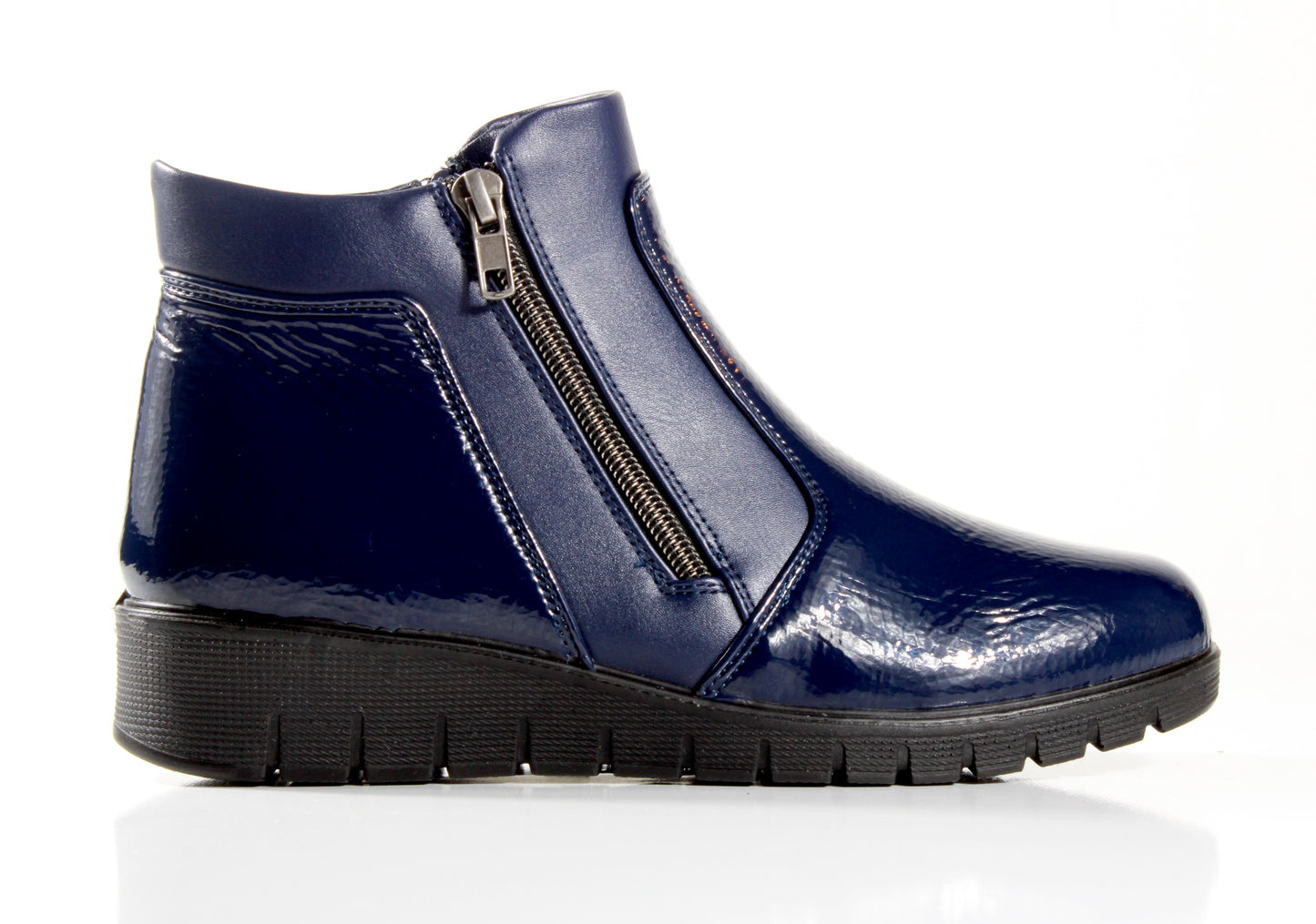 P Comfort WW1672 Navy Patent PU Twin Zip Ankle Boots