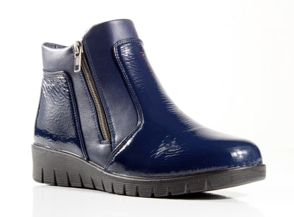 P Comfort WW1672 Navy Patent PU Twin Zip Ankle Boots