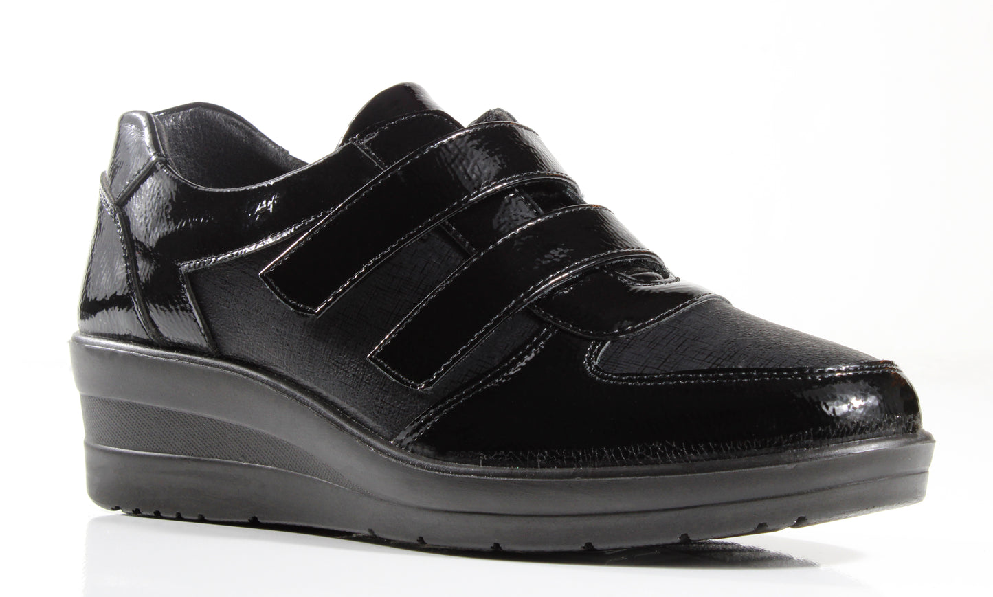 P Comfort WW1676 Black Patent PU Twin Velcro Strap Wedge Shoes