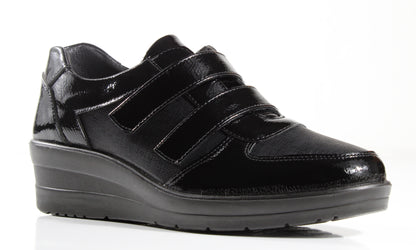 P Comfort WW1676 Black Patent PU Twin Velcro Strap Wedge Shoes