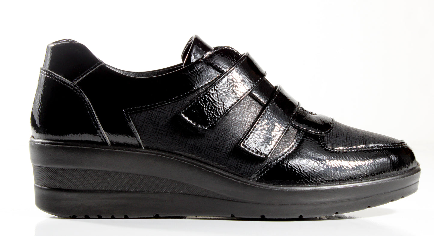 P Comfort WW1676 Black Patent PU Twin Velcro Strap Wedge Shoes