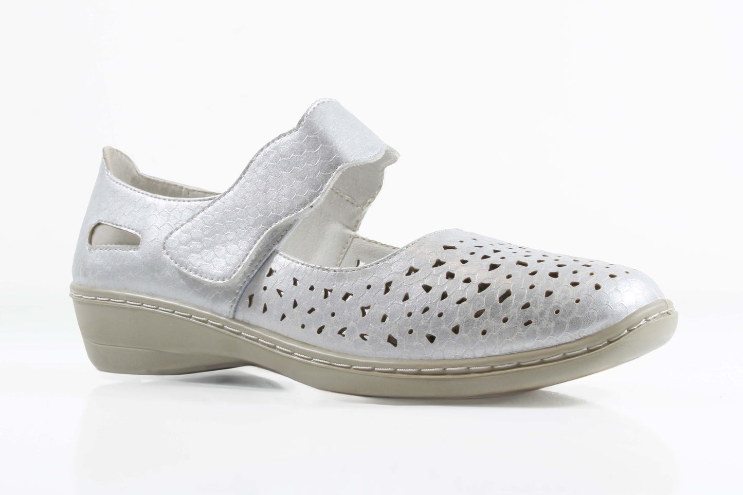 P Comfort WW1698 Silver PU Mary Jane Velcro Strap Shoes