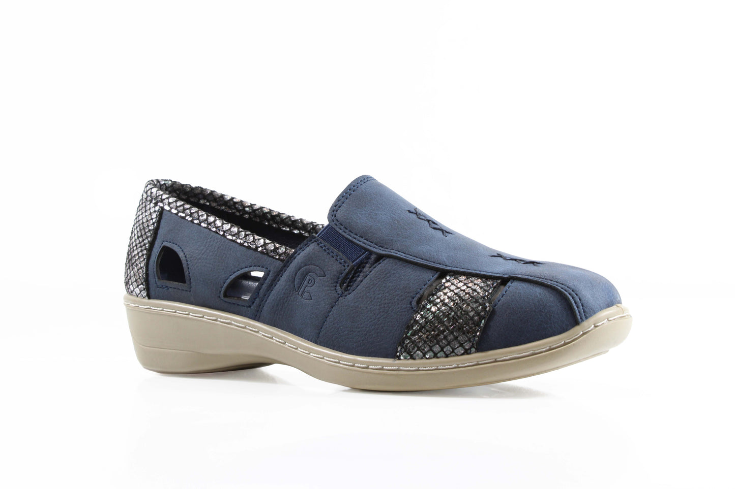 P Comfort WW1700 Navy Multi PU Scooped Wedge Casual Shoes