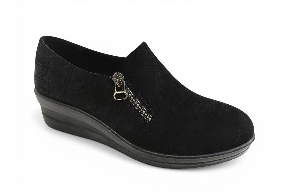 P Comfort WW1710 Black Micro Twin Zip Wedge Shoes