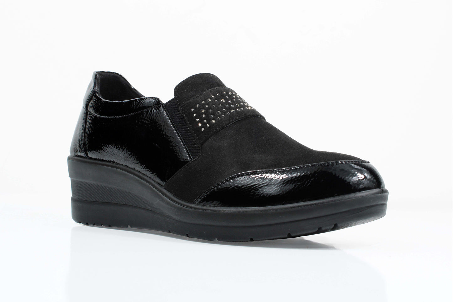 P Comfort WW1712 Black Patent/Micro Twin Gusset Wedge Shoes