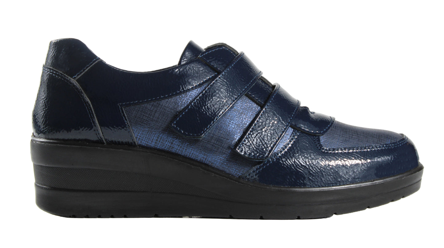 P Comfort WW1676 Navy Patent PU Twin Velcro Strap Wedge Shoes