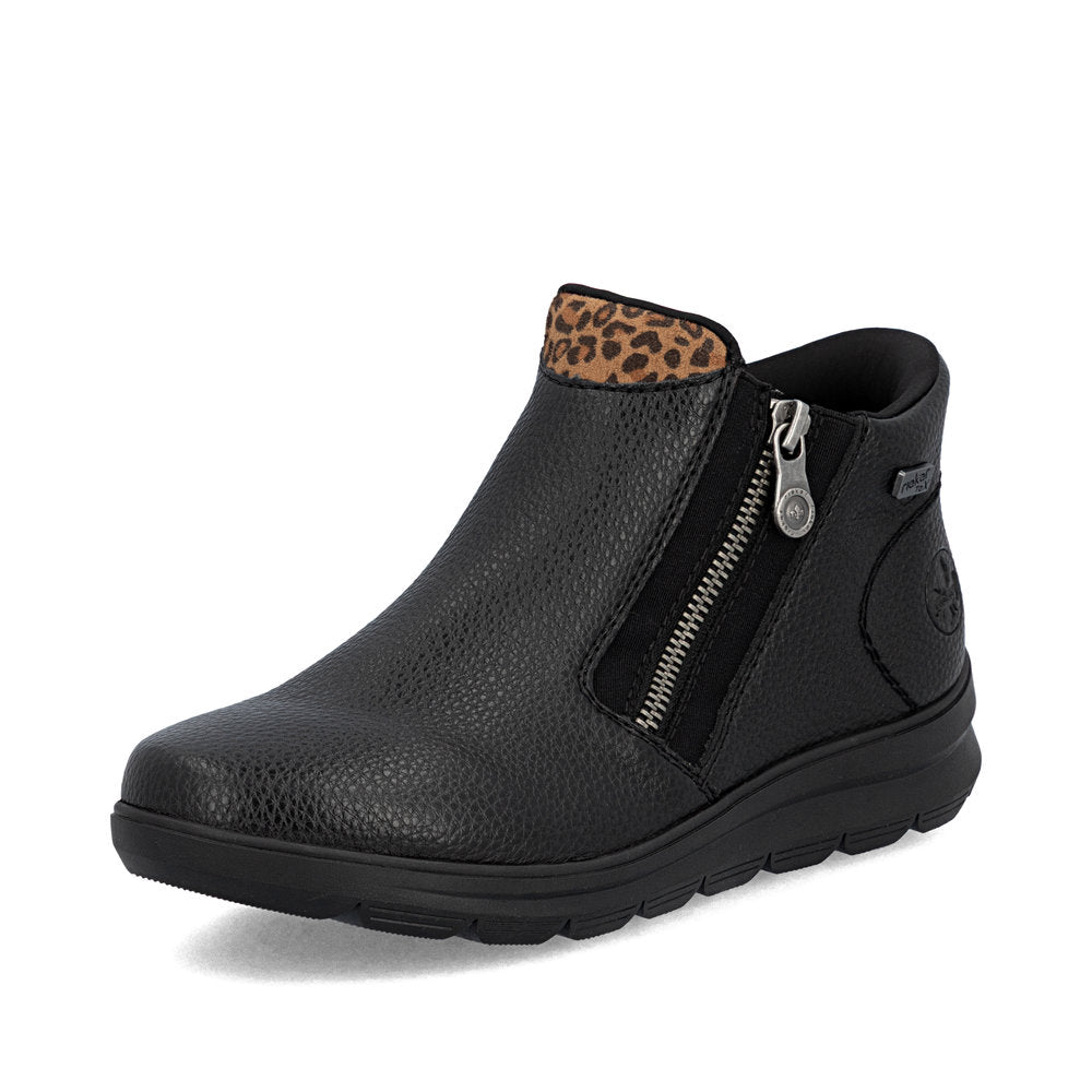 Rieker TEX Z0059-00 Black & Leopard Trim Ankle Boots