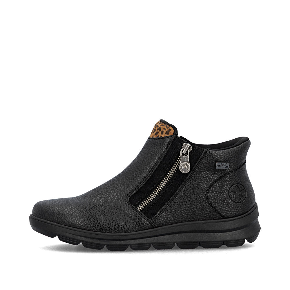Rieker TEX Z0059-00 Black & Leopard Trim Ankle Boots