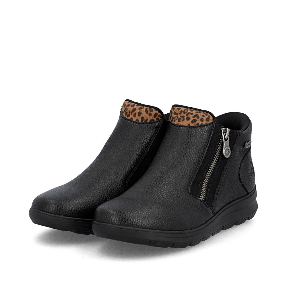 Rieker TEX Z0059-00 Black & Leopard Trim Ankle Boots