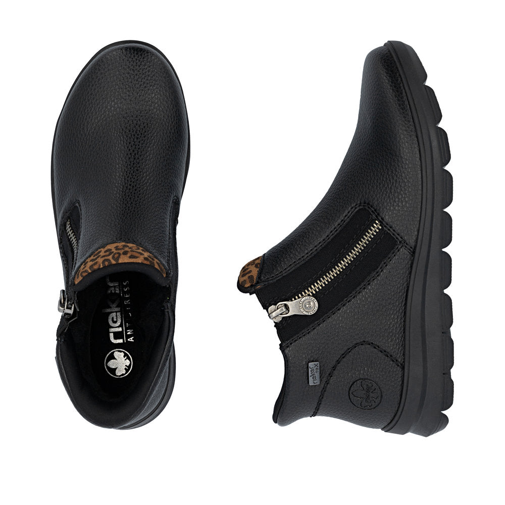 Rieker TEX Z0059-00 Black & Leopard Trim Ankle Boots