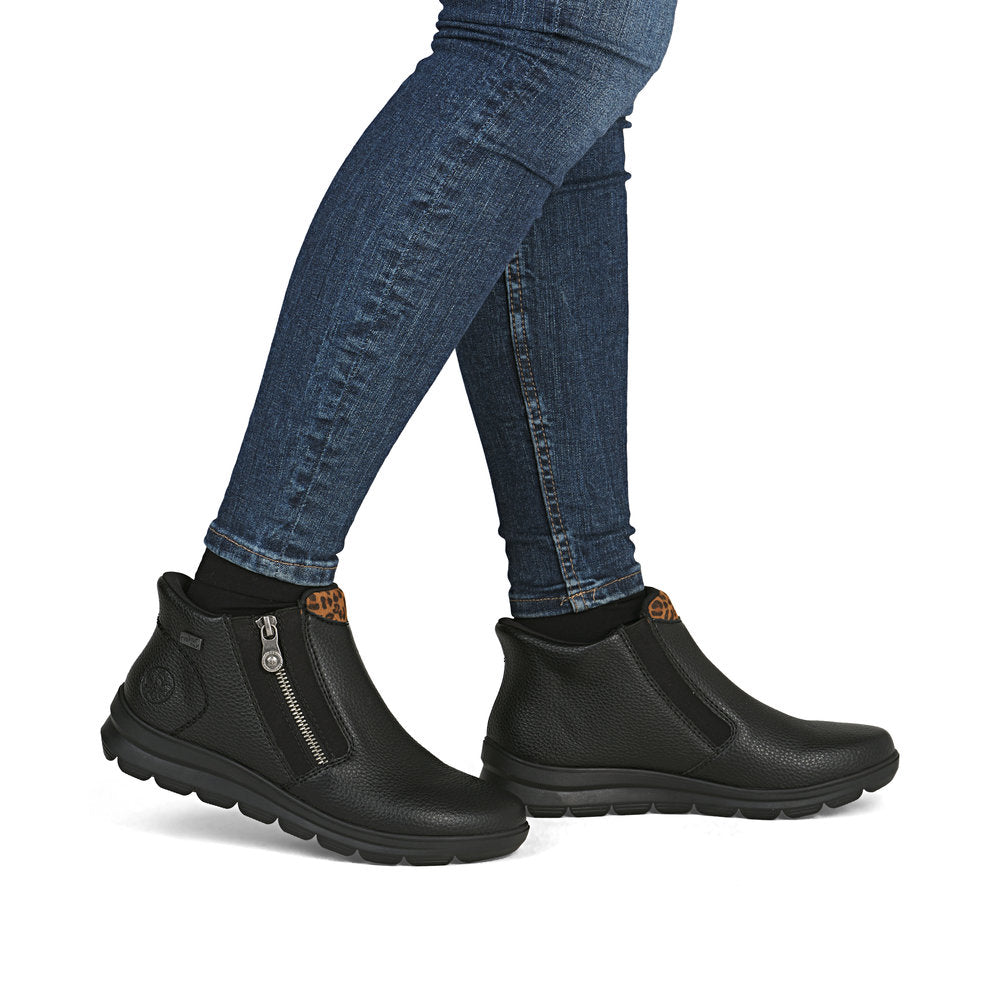Rieker TEX Z0059-00 Black & Leopard Trim Ankle Boots