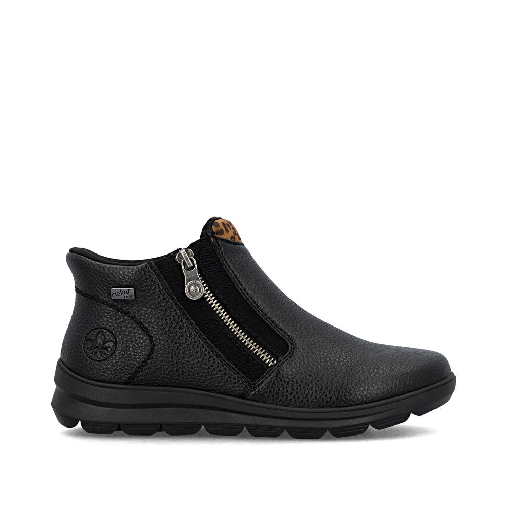 Rieker TEX Z0059-00 Black & Leopard Trim Ankle Boots