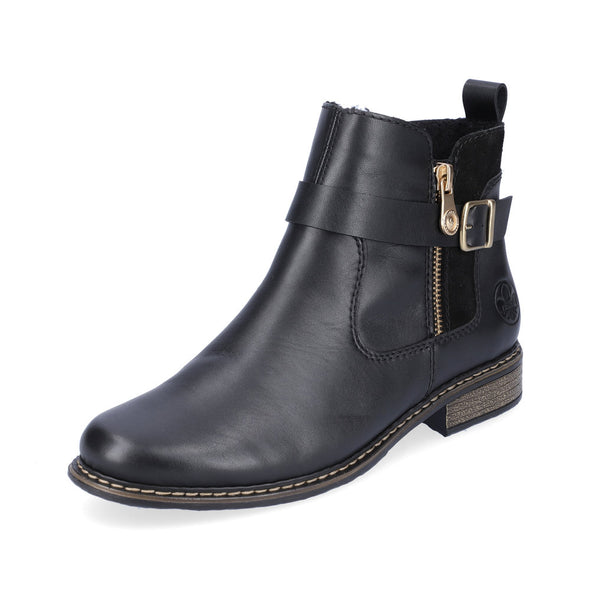 Rieker Z4959-00 Black Ankle Boots with Gold Side Buckle