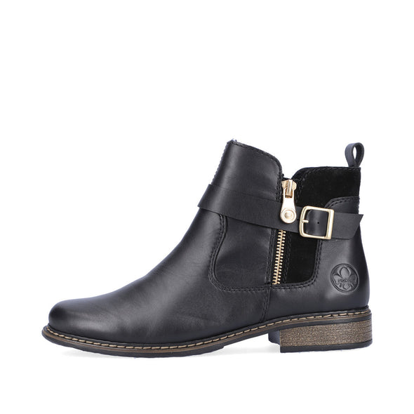 Rieker Z4959-00 Black Ankle Boots with Gold Side Buckle