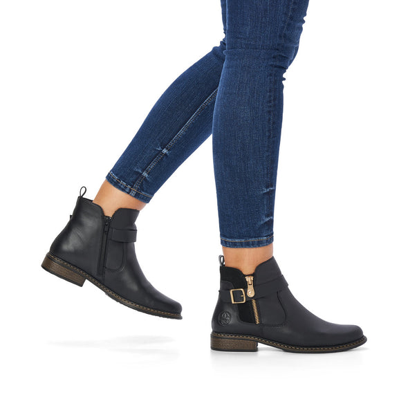 Rieker Z4959-00 Black Ankle Boots with Gold Side Buckle