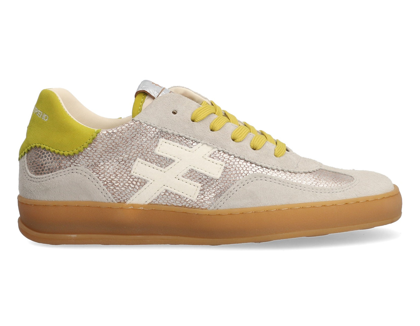 Another Trend A032C1E3 Champagne Gold Reptile, Grey & Lime Trainers