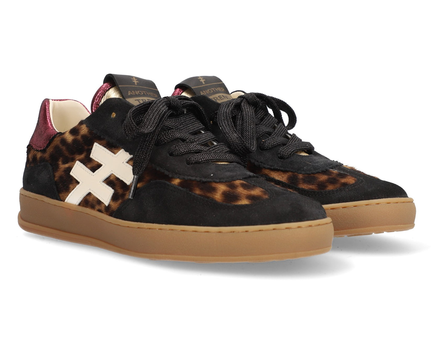 Another Trend A032W4A3 Leopard & Black Trainers with Pink Sparkle Heel