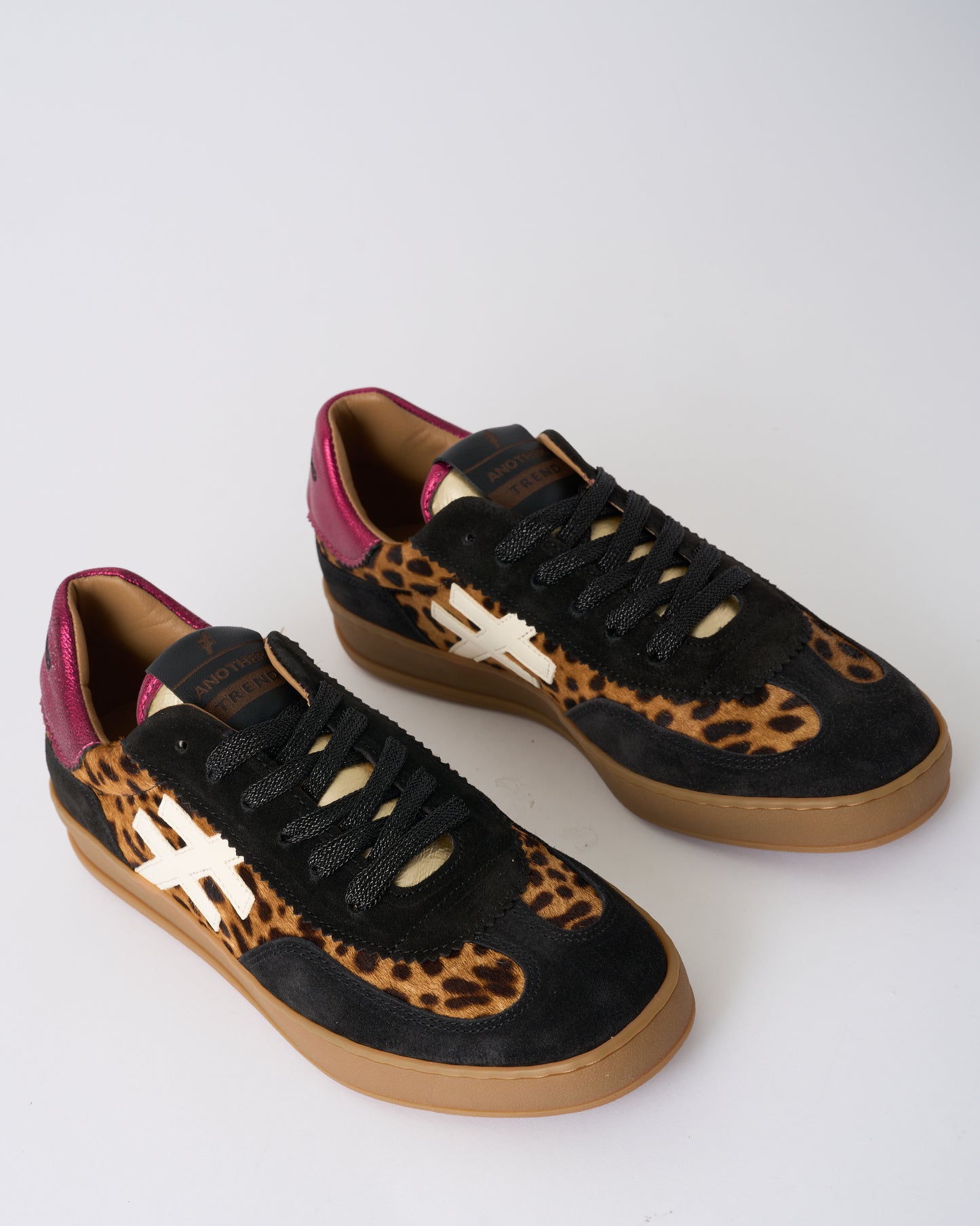 Another Trend A032W4A3 Leopard & Black Trainers with Pink Sparkle Heel