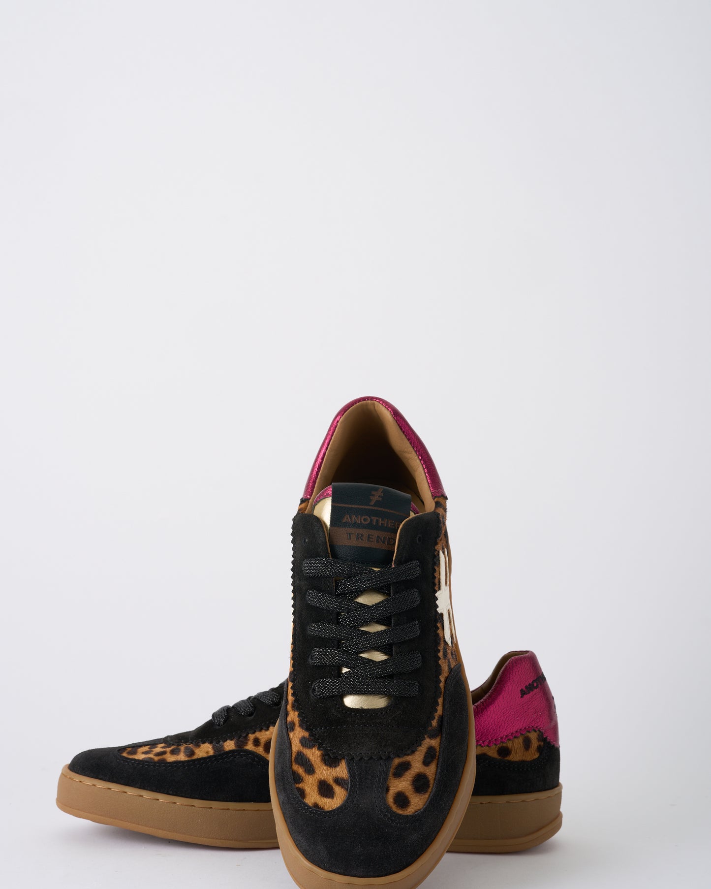 Another Trend A032W4A3 Leopard & Black Trainers with Pink Sparkle Heel