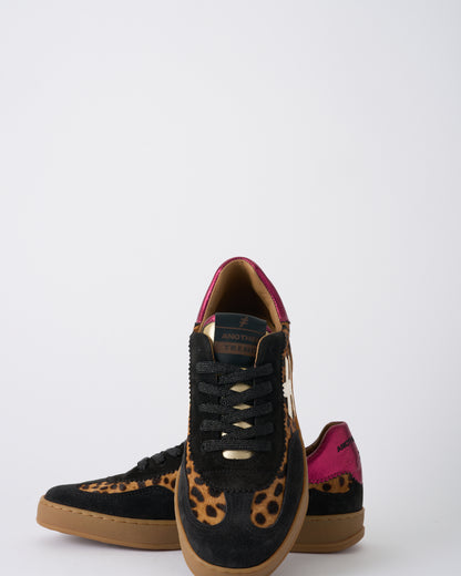 Another Trend A032W4A3 Leopard & Black Trainers with Pink Sparkle Heel