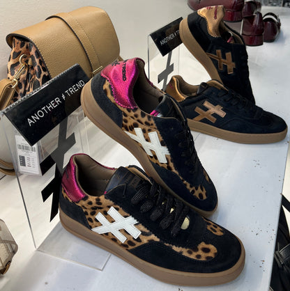 Another Trend A032W4A3 Leopard & Black Trainers with Pink Sparkle Heel