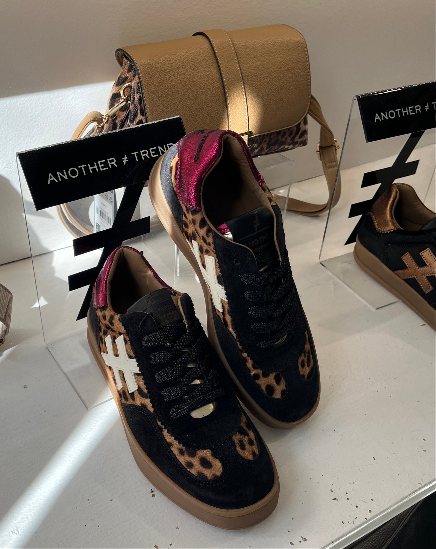 Another Trend A032W4A3 Leopard & Black Trainers with Pink Sparkle Heel