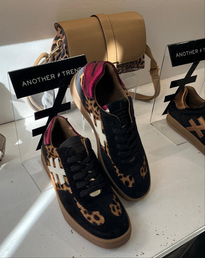 Another Trend A032W4A3 Leopard & Black Trainers with Pink Sparkle Heel