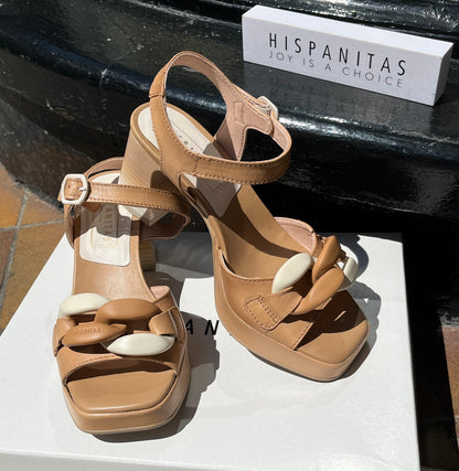 Hispanitas HV232547 Desert Tan Block Heel Sandals with Heel Strap & Chain Detailing