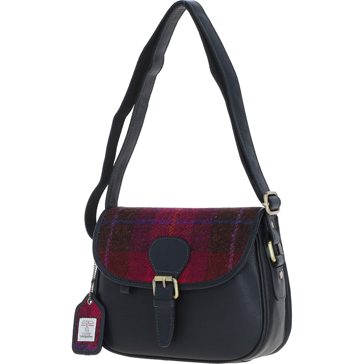 Ashwood Leather TW-27 06-Navy/Pink Leather/Tweed Med Saddle Bag