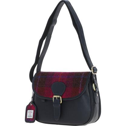 Ashwood Leather TW-27 06-Navy/Pink Leather/Tweed Med Saddle Bag