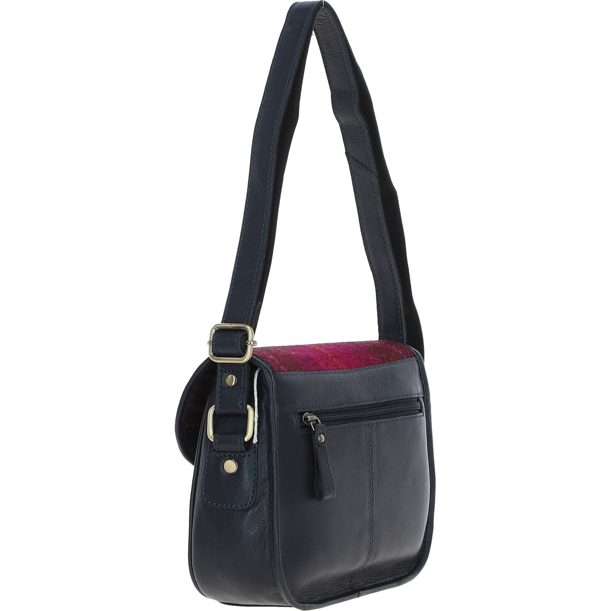 Ashwood Leather TW-27 06-Navy/Pink Leather/Tweed Med Saddle Bag