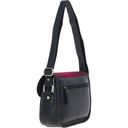 Ashwood Leather TW-27 06-Navy/Pink Leather/Tweed Med Saddle Bag