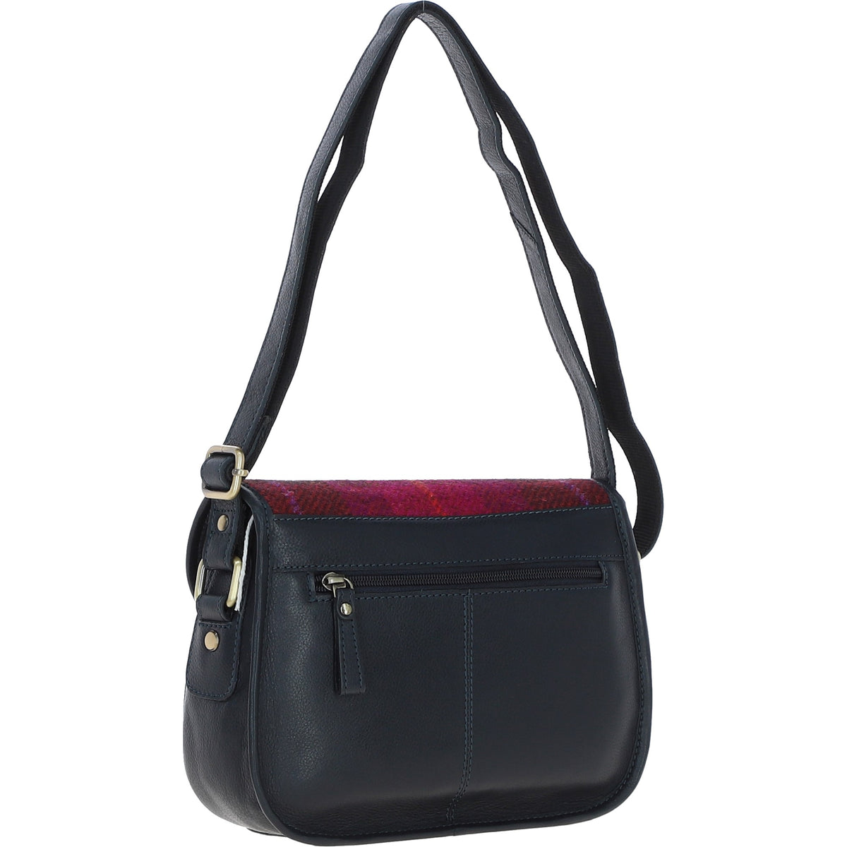 Ashwood Leather TW-27 06-Navy/Pink Leather/Tweed Med Saddle Bag